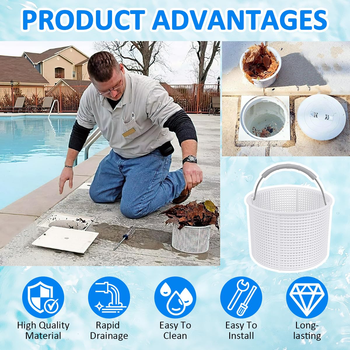 2026 New Model White SPX1082CA 7" Pool Skimmer Basket Replacement for Hayward SP1082/SP1083/SP1084/SP1085/SP1086/SP1075 Series & Aladdin B-152 Skimmers, 316 Stainless Steel Handle with Rubber Grip