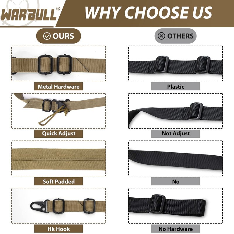 WarBull Padded 2 Point Rifle Sling, Tactical Gun Sling with HK Hook, for Rifle, Shotgun, and Crossbow, Padded Sling for Hunting Shooting and Hiking Camping Climbing with Keychain Gift (Coyote Brown)