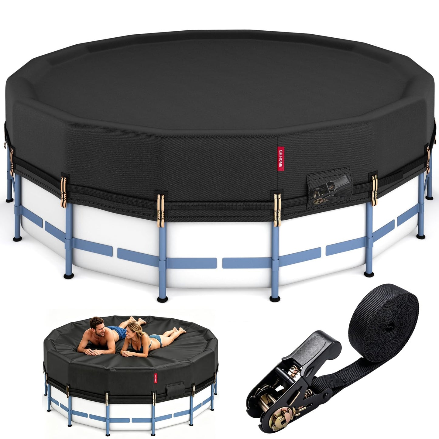 QH.HOME 12Ft Round Pool Cover,Super Windproof Ratchet Straps (1,500lb Break Strength)-Effective Installation/Removal,Pool Cover for Above Ground Pools,Snug Fit,Blocks Leaves, Sun & Water