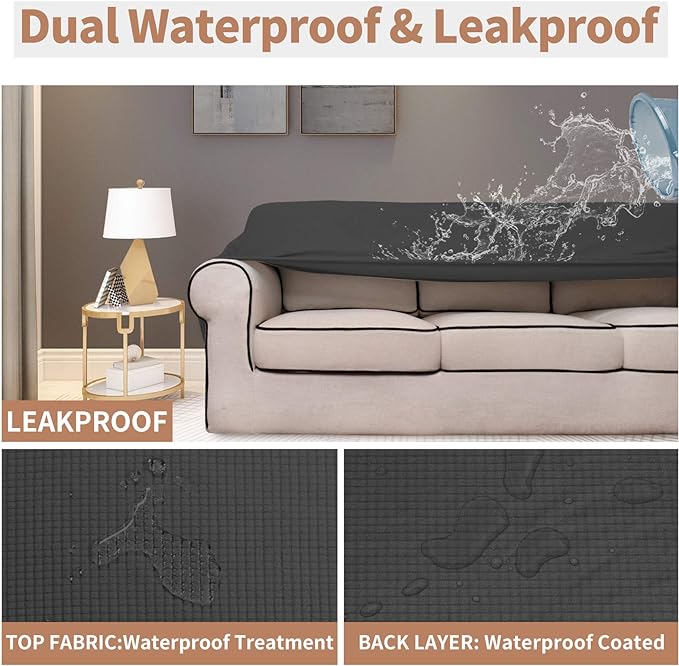 Easy-Going 100% Waterproof Loveseat Couch Cover, Dual Waterproof Sofa Cover, Stretch Jacquard Sofa Slipcover, Leakproof Furniture Protector for Kids, Pets, Dog and Cat (Loveseat, Dark Gray)