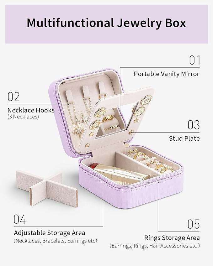 VLANDO Small Travel Jewelry Box Organizer - Girls Women Gift Rings Earrings Necklaces Jewelry Storage Display Case with Mirror Purple