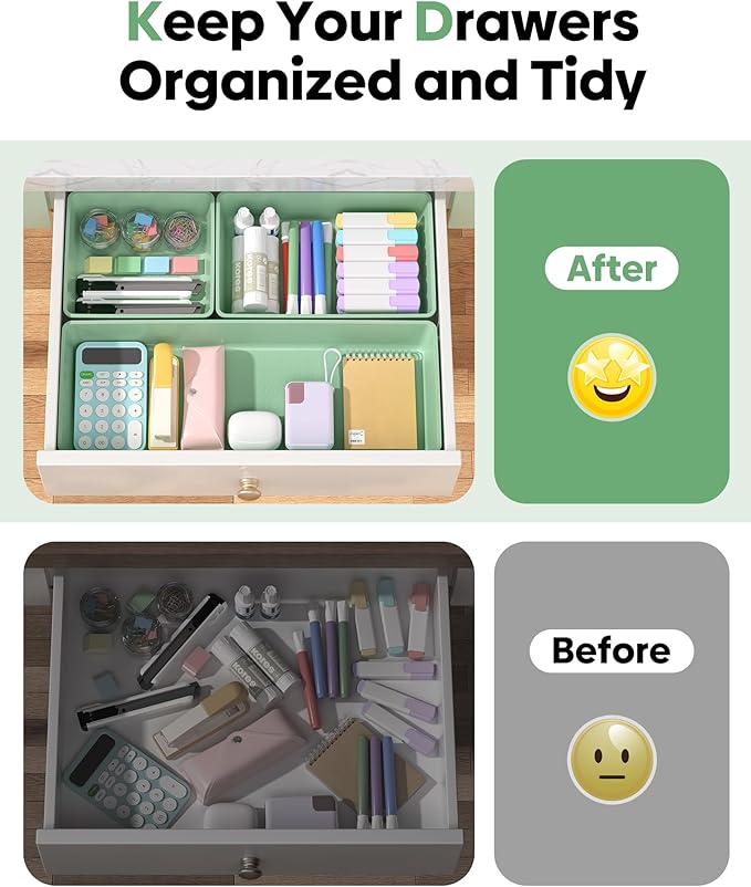 10 Pack Large Size Plastic Drawer Organizers Set, 3 Sizes Desk Drawer Organizer Trays, Storage Bins for Vanity, Makeup, Bathroom, Kitchen Utensils and Office (Green)