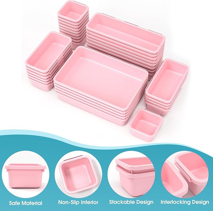 33 PCS Drawer Organizer Set, 4 Size Makeup Drawer Divider Organizer With Non-Slip Pads, Interlocking Plastic Storage Bins for Office,Jewelry Vanity,Gadgets, Bathroom,Kitchen, Pink