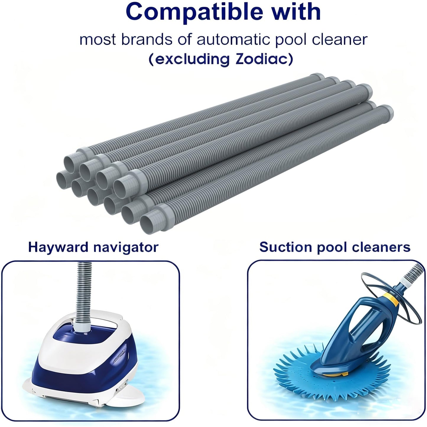 Poolvio Pool Vacuum Hose 33 Feet (10 x 40 Inch), 1.5 Inch Cuffs, Compatible with Most Inground Pool Automatic Cleaners, Gray