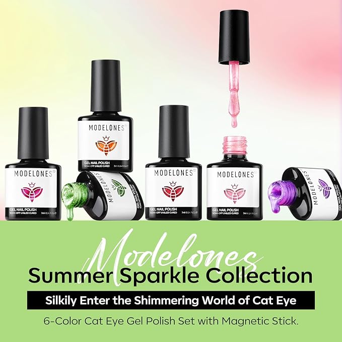 modelones Cat Eye Gel Nail Polish Set, 6 Colors Orange Neon Galaxy Hot Pink Grape Purple Red Green 9D Cat Eye Glitter Gel Polish with Magnet LGBT Fruit Theme Soak Off Led DIY Gift Unisex