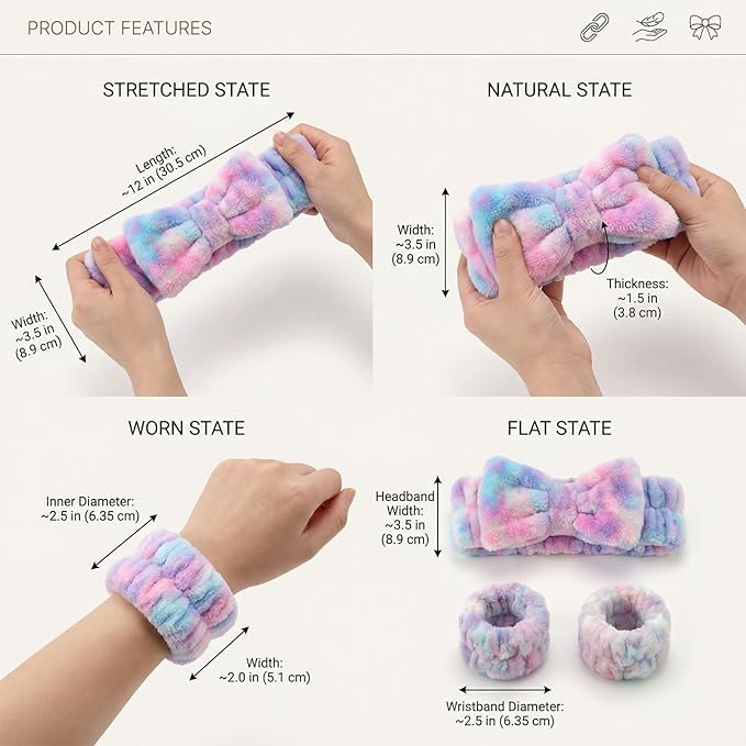 8 Pcs Spa Headband and Wristbands Set for Washing Face, Soft Face Wash Headbands Wrist Bands for Women with Scrunchies, Absorbent Wrist Towels, Makeup Hairband for Skincare, Yoga, and Teen Girls Gifts