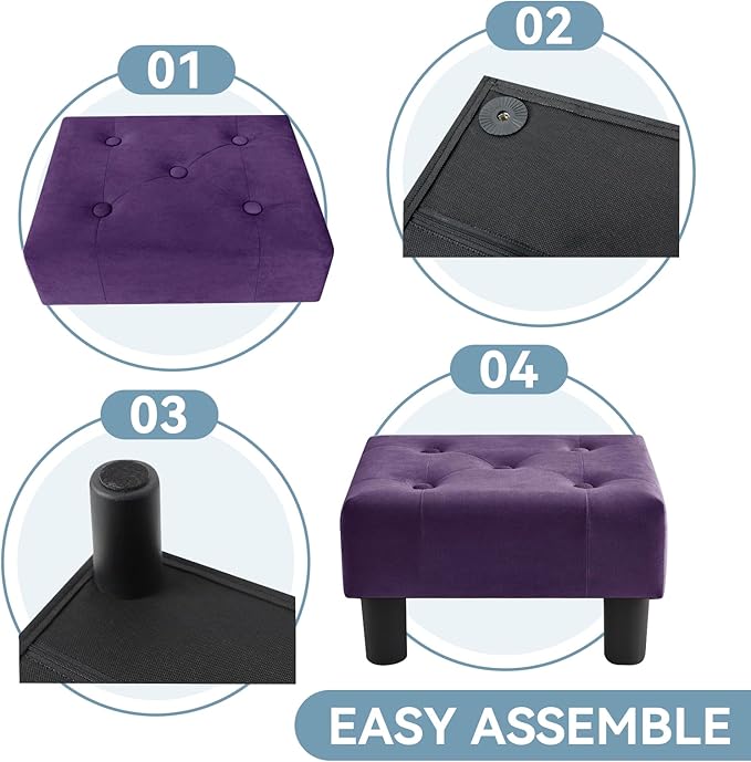 Poofzy Small Foot Stool Ottoman, Velvet Ottoman Foot Rest with Legs, Rectangle Foot Rest for Couch, Footstools and Ottomans Small for Living Room and Entryway (Purple)