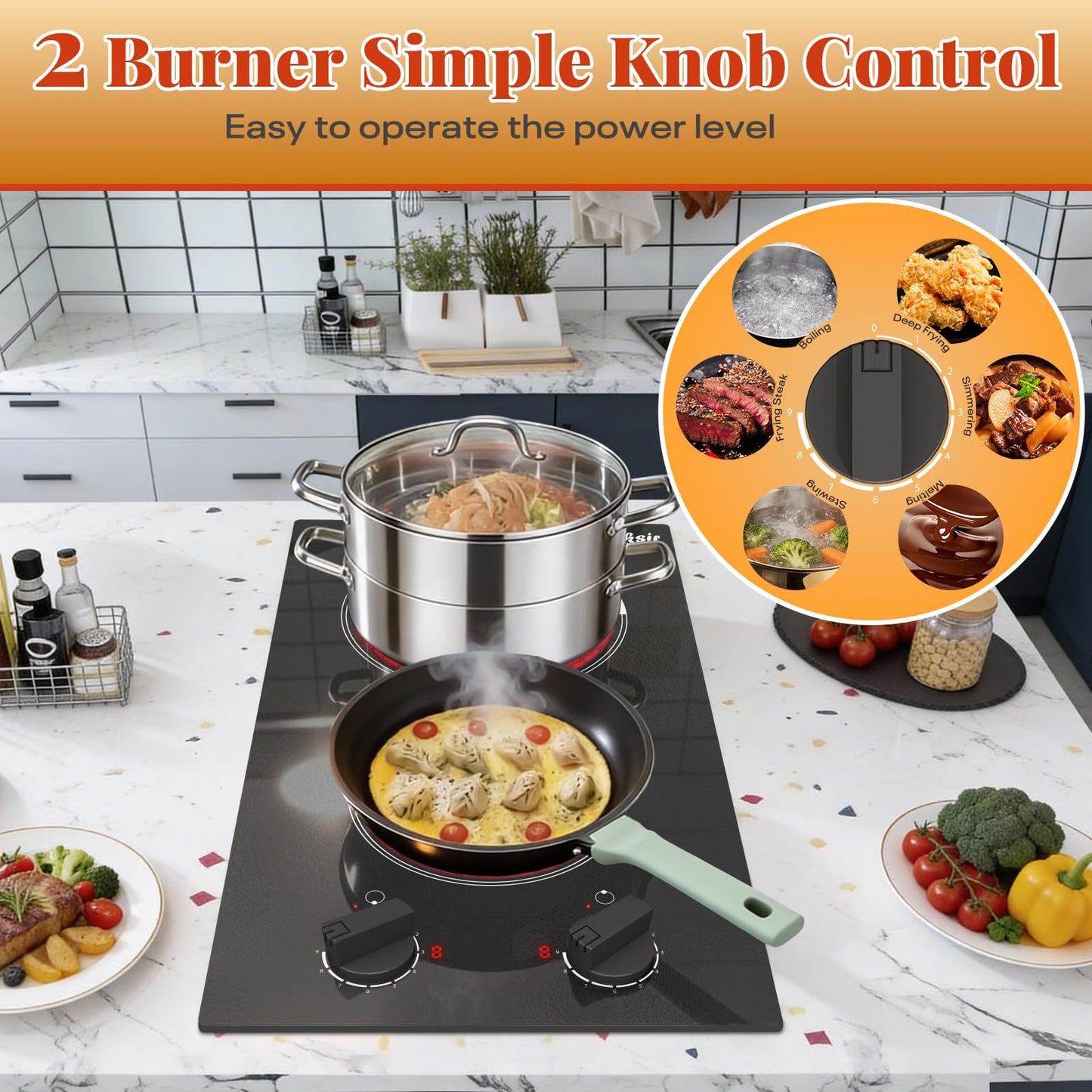 Cooksir 2 Burner Electric Cooktop - 110v Countertop and Built-in Electric Stove 2000W, 12 Inch Ceramic Stove with Residual Heat Indicator, Over-Temperature Protection, Knob Control, 110-120V Plug in