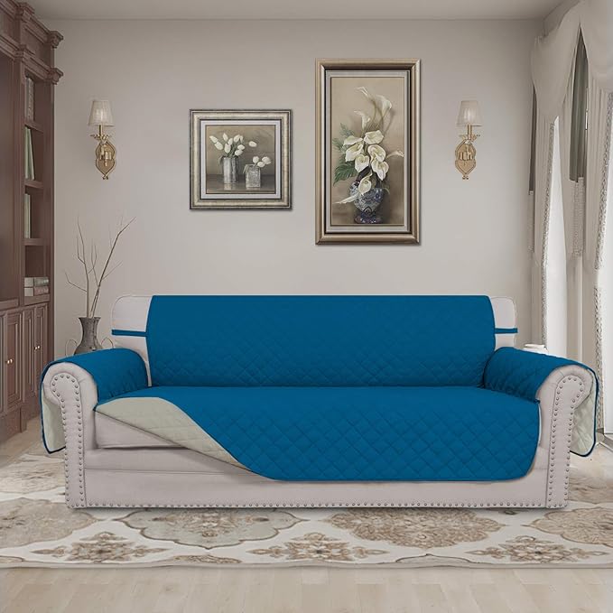Easy-Going Reversible Oversized Couch Cover for 3 Cushion Couch Sofa Cover for Dogs Water Resistant Furniture Protector Cover with Foam Sticks for Pet (Oversized Sofa, PeacockBlue/Beige)