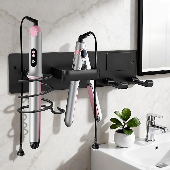 Blow Dryer Holder Wall Mount, 3 in 1 Bathroom Hair Tool Organizer with Curling Iron Holder & Flat Iron Holder, Universal Hair Dryer Holder Rack Storage Matte Black