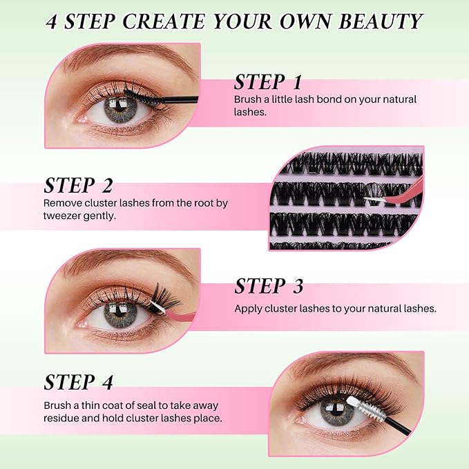 Lash Clusters Kit DIY Lash Extension Kit Cluster Lashes Mix 9-16mm Eyelash Extension Kit Individual Lashes with Lash Bond and Seal,Lash Tweezers,Mascara Brush(20D+40D+60D+80D Kit)