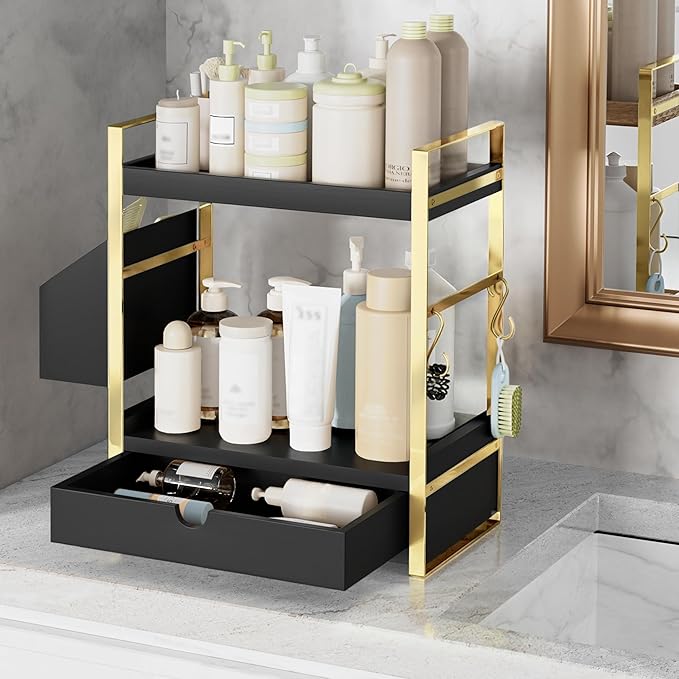 2-Tier Bathroom Counter Organizer with Drawer and Basket, Wood Countertop Organizer for Storage, Skincare Organizers for Vanity, Counter Shelf for Bathroom Organization(Black-Gold)