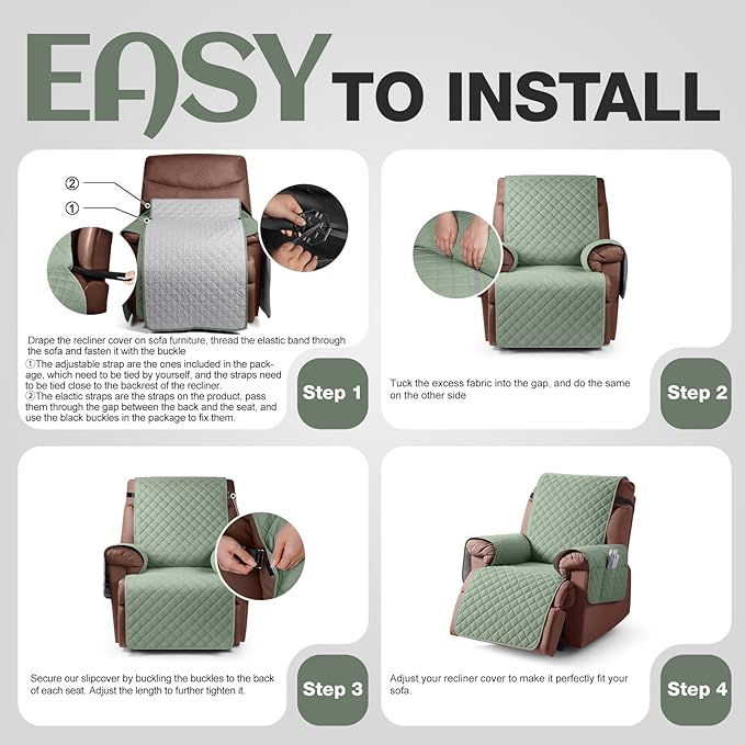 KinCam 100% Waterproof Recliner Chair Cover, Reclining Couch Covers for Pets, Dogs, Recliner Couch Slipcover Furniture Protector with Elastic Straps for Kids(23.6", Sage Green)