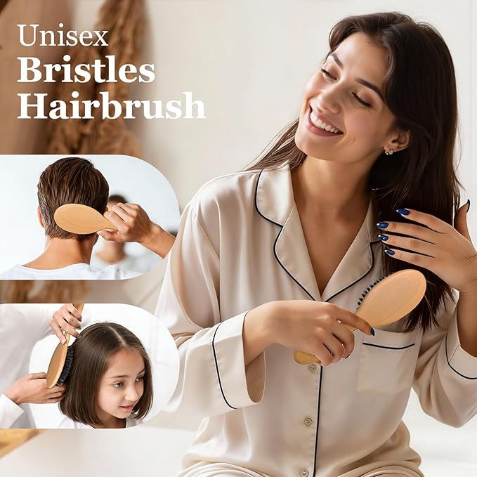 BLACK EGG Boar Bristle Hair Brush for Women Men Kid, Soft Natural Bristles Brush for Thin and Fine Hair, Restore Shine and Texture, Set includes Bamboo comb and 3 hair ties, Valentine’s Day Gift