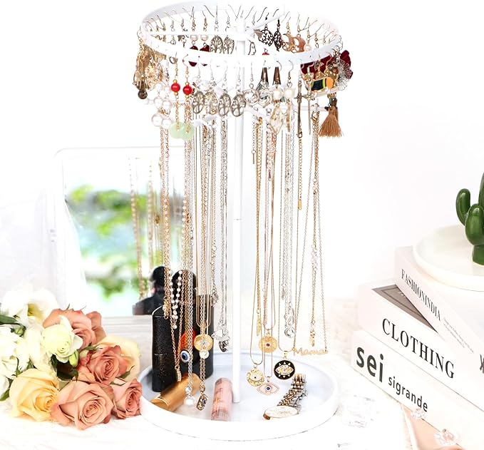 360 Rotating 2-Tier Jewelry Organizer Stand, Large Earring Holder Organizer with 48 Holes for Studs，24 Prongs for Necklaces, Wide Base for Bracelets, Watches, Lipstick, Jewelry Display Stand for Women