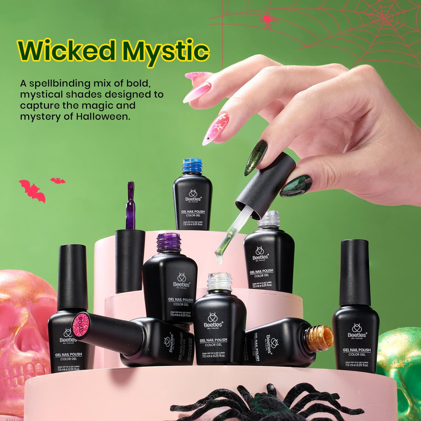 Beetles Gel Nail Polish Set – Wicked Mystic 8 Colors Gel Polish Kit, Gold Silver Black Green Blue Cat Eye Purple Red Glitter with Nail Art Accessories UV LED Soak Off Manicure Gift for Women