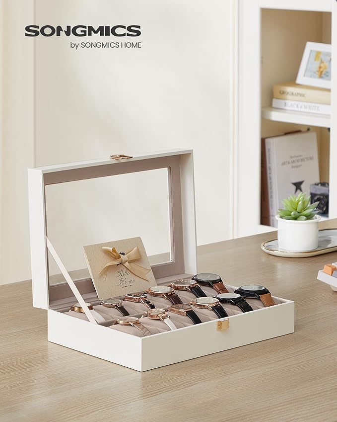 SONGMICS Watch Box, 12-Slot Watch Case Organizer with Large Glass Lid, Removable Pillows, Gift for Loved Ones, Cloud White Synthetic Leather, Cappuccino Beige Lining UJWB120W01