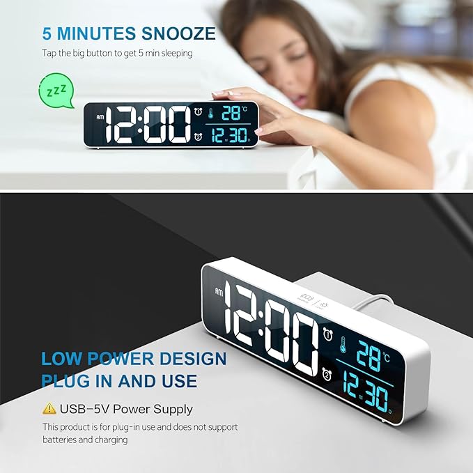 Hournor Digital Clock for Bedroom, Digital Wall Clock for Living Room Decor, Desk Table Clocks, Digital Clock Large Display, Bedroom Smart Alarm Clock for Office White Blue