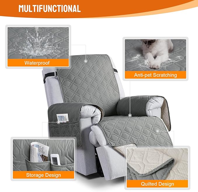 VANSOFY 100% Waterproof Recliner Chair Covers, Recliner Cover Non-Slip Dog Chair Cover Furniture Protector Washable Slipcover with Pocket, Elastic Straps for Pets, Dogs(Gray, 20")