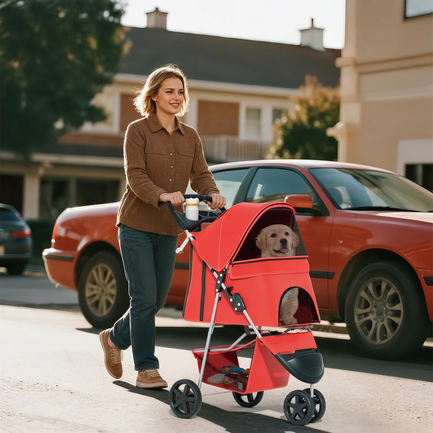 Pet Stroller for Small Dogs 10 lbs, Dog Stroller for Medium Dogs 30 lbs, Cat Strollers for 2 Cats, 3 Wheels Foldable Jogger Puppy Stroller with Storage Basket and Cup Holder, Red