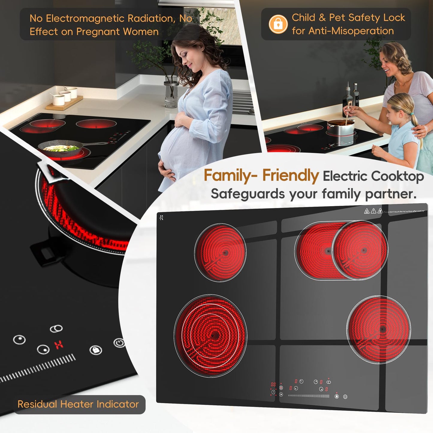 Zarbaco 30 inch Electric Cooktop 4 Burner, 7200W Built-in Stove Top Burner with Sensor Touch Control, Radiant Electric Ceramic Cooktop with Safety Lock, 9 Level Power, 99 Min Timer - Hard Wire