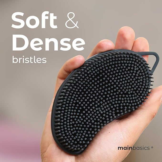 MainBasics Silicone Body Scrubber Dual-Sided Shower Loofah and Scalp Scrubber (Black, Scalp)