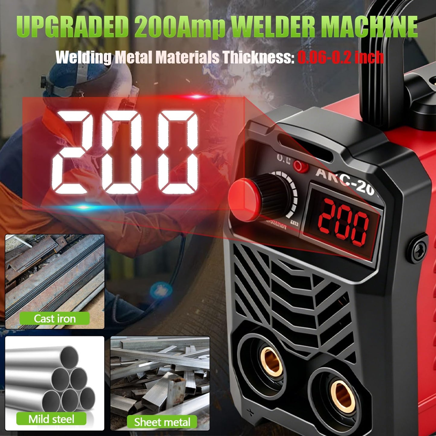 Hpoouo 200Amp 20PCS Rods Stick Welder, Super MINI Portable Welding Machine, IGBT Inverter Welder Machine 110V with Hot Start Arc Force Anti-Stick, for 1/16"-1/8" Rod ARC Welder, 2 Chip Hammers (Red)