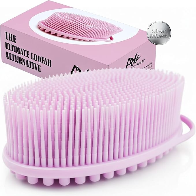 Avilana Silver Edition Body Scrubber - Silver-Ion Infused Silicone Shower Brush, ISO Tested Dual Sided, Stays Fresher Longer, SGS Certified Gentle Exfoliating Loofah Alternative Sensitive Skin Women