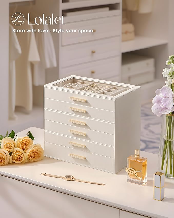 Lolalet Jewelry Box Organizer, 6-Layer Jewelry Organizers and Storage Case with Glass Lid, Ring Earring Bracelet Necklace Holder Organizer, Birthday Valentine Gifts for Women Girls -6Layer, Beige