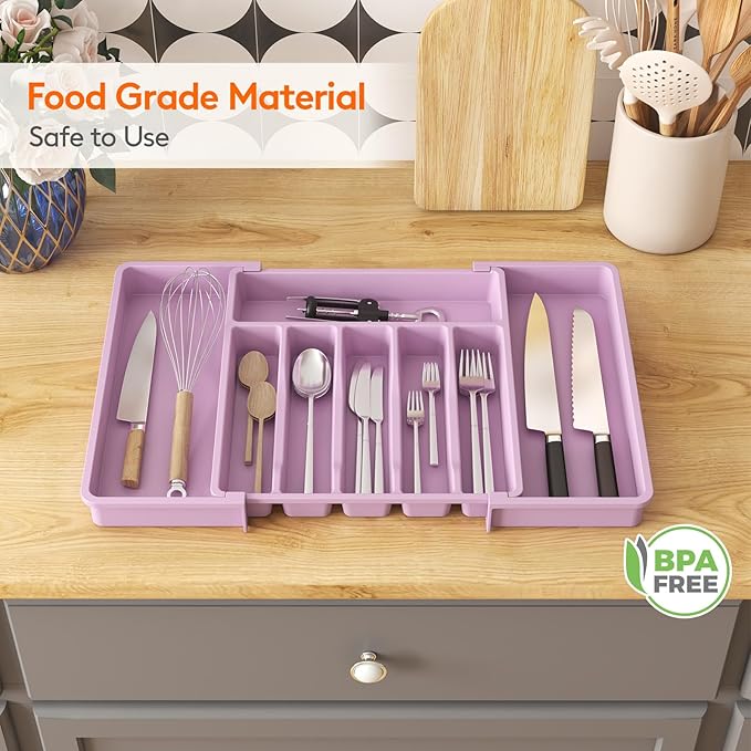 Lifewit Silverware Drawer Organizer, Expandable Utensil Tray for Kitchen, BPA Free Flatware and Cutlery Holder, Adjustable Plastic Storage for Spoons Forks Knives, 13-22 x 15", Purple