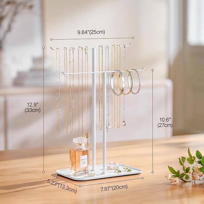 pickpiff Necklace Holder Jewelry Organizer Stand Ã¢ÂÂ 2Ã¢ÂÂTier TÃ¢ÂÂBar Jewelry Display Tree with Tray for Countertop Necklace Bracelet Earring Storage, Vanity Dresser Bathroom Sink, White