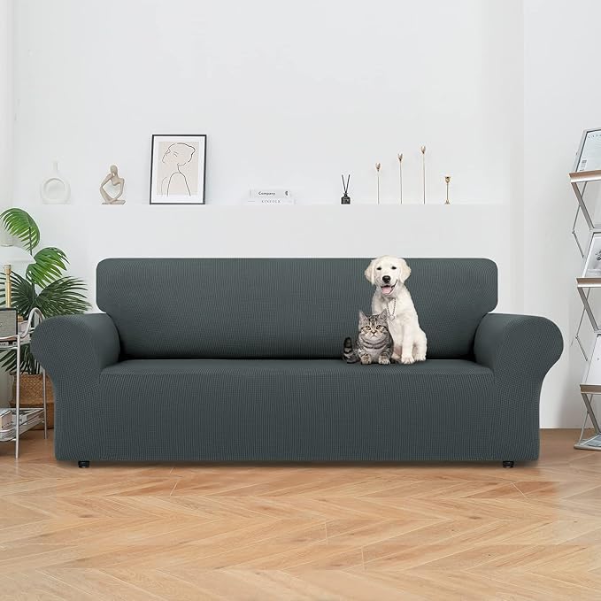 LURKA Stretch Sofa Slipcovers 1 Piece Couch Covers for 3 Cushion Couch Sofa Furniture Protector Full Sofa Covers with Elastic Bottom for Kids and Dog (Large, Grey)