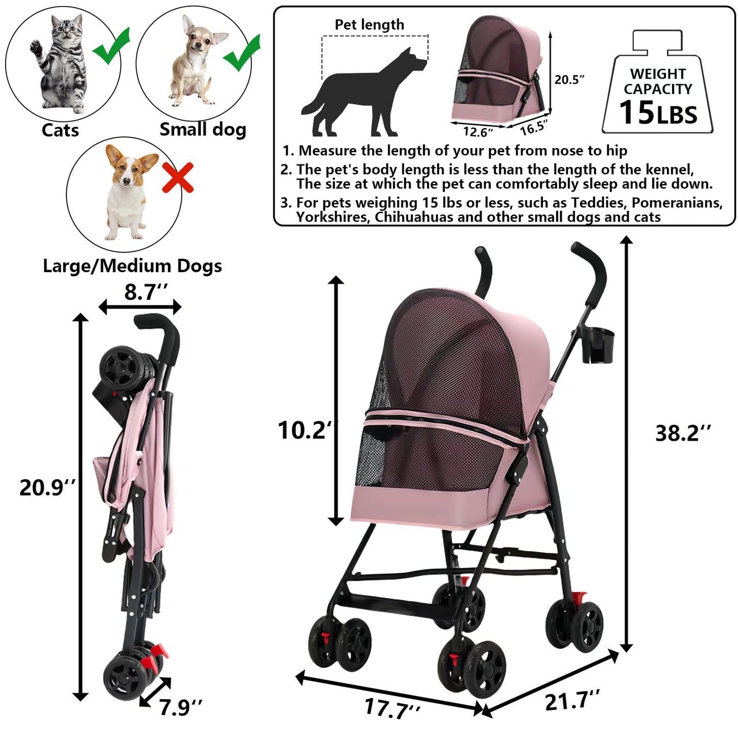 Pet Stroller for Small Dogs and Cats,CYUmail 4 Wheels Foldable Dog Stroller,Puppy Carrier for Small Dogs 0-15 lbs w/Cup Holder,Breathable Visible Mesh,Pink
