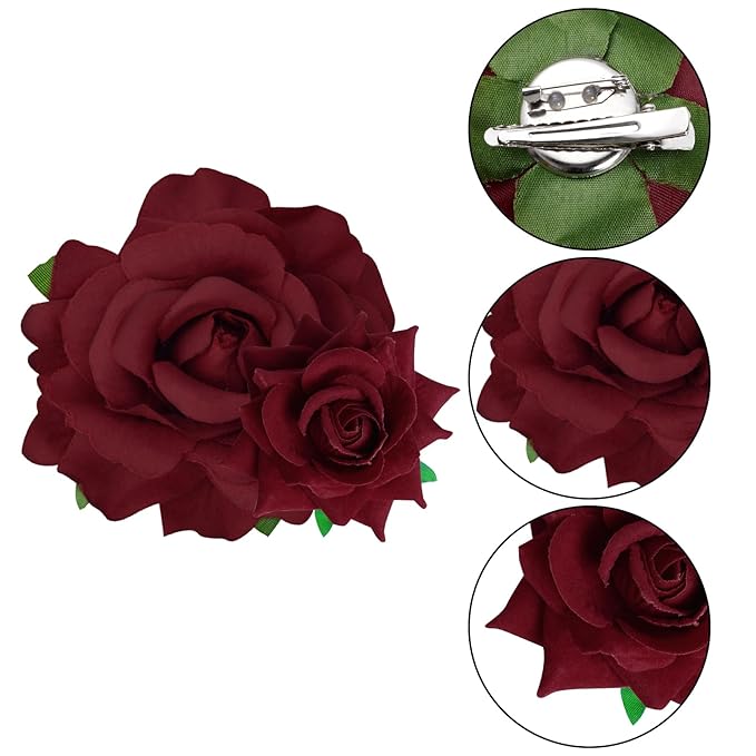 Rose Hair Clip Flower Hairpin Rose Brooch Floral Clips, 4 Pcs Fabric Flowers Hair Clips Mexican Hair Flowers Pin up Headpieces for Woman Girl Wedding Party Mother's Day (Dark Red)