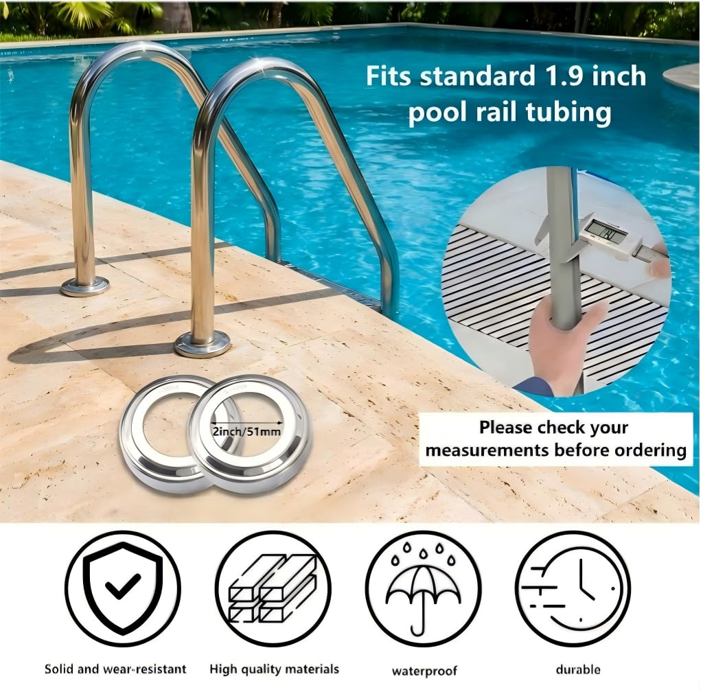 Stainless Steel Pool Handrail Covers, Fits 1.9" Tubing, Rust-Proof Escutcheon Plates & Safety Trim Rings for Deck Anchors, 304 Stainless Steel, Mirror-Polished Finish (4)