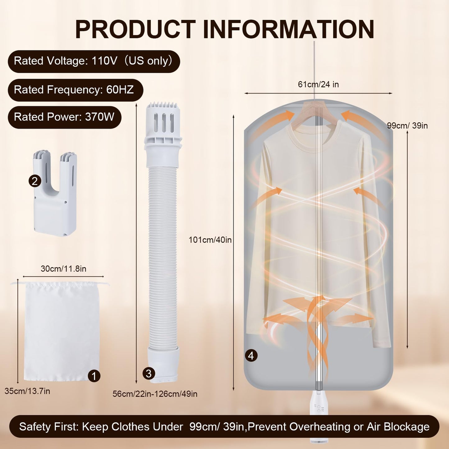Portable Travel Clothes Dryer,Compact Portable Dryer with Travel Bag for Apartment,Travel,RV,Hotel,Dormitory,Mini Dryer for Light Clothes,Underwear, Baby Clothes,Shoes,Plug-In Only,US 110V