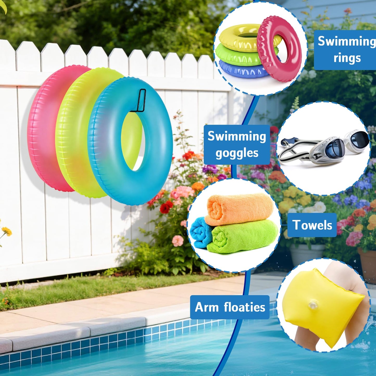 MUOUAKATE 3 Pcs Pool Float Storage Holder, 17.3 Inch Wall Mount Pool Float Organizer Storage Rack with Hangers for Swimming Ring, Towel, Tools & More Storage Indoor Outdoor Space-Saving