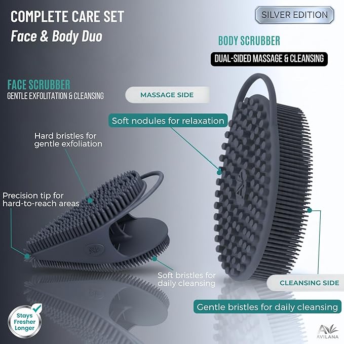 Avilana Silver Edition Body Scrubber and Face Brush Set - Silver-Ion Infused Silicone 2-in-1 Kit, ISO Tested Both Pieces, Stays Fresher Longer Gentle Exfoliating Sensitive Skin Women Men Gift Skincare