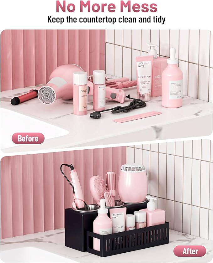 Hair Tool Organizer, Detachable Hair Dryer Holder with 3 Stainless Steel Cups, Wall Mounted Bathroom Organizers and Storage for Accessories, Curling Irons, Straighteners, Toiletries, Makeup