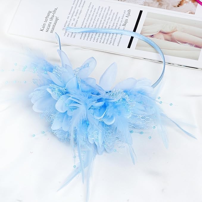 Womens Fascinators Hats Tea Party Hats for Women, Feather Pearl Veil Headband for Wedding Cocktail Dresses Accessories