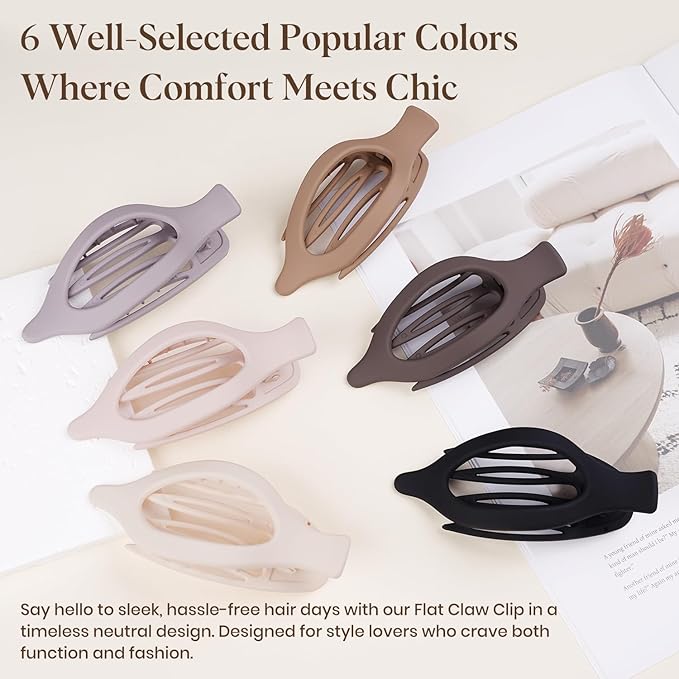 6 PCS Large Flat Hair Clips for Women Girls, French Concord Lay Down Flat Claw Clips for Thick Thin Hair, Comfortable Curved Hair Clip, Matte Non-slip Strong Hold Hair Accessories, Neutral