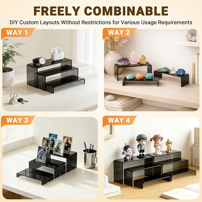 Funfery Acrylic Display Risers, 2 Set(7.8"L~8.2"L~8.6"L) Display Shelf for Figure, Collectibles, Cupcake, Black Acrylic Stands for Dessert, Jewelry, Candy Showcase, 3 Tier Action Figure Stand Holder