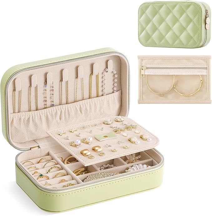 Lolalet Travel Jewelry Case for Women Girls, Travel Jewelry Organizer with Clear Storage Bag Small Portable Jewelry Box for Necklace Bracelet Earring Ring Birthday Bridesmaid Gifts -Medium/Green