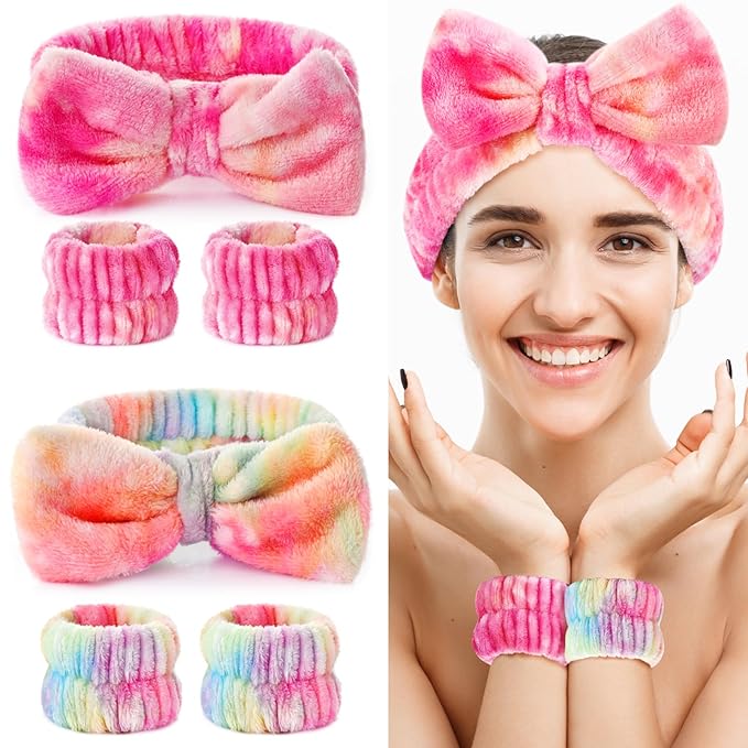 6PCS Spa Headband and Wristband Set for Face Washing, Soft Microfiber Skincare Hairband with Bow, Soft Absorbent Wrist Towels for Women Girls, For Makeup, Facial, Shower, Yoga