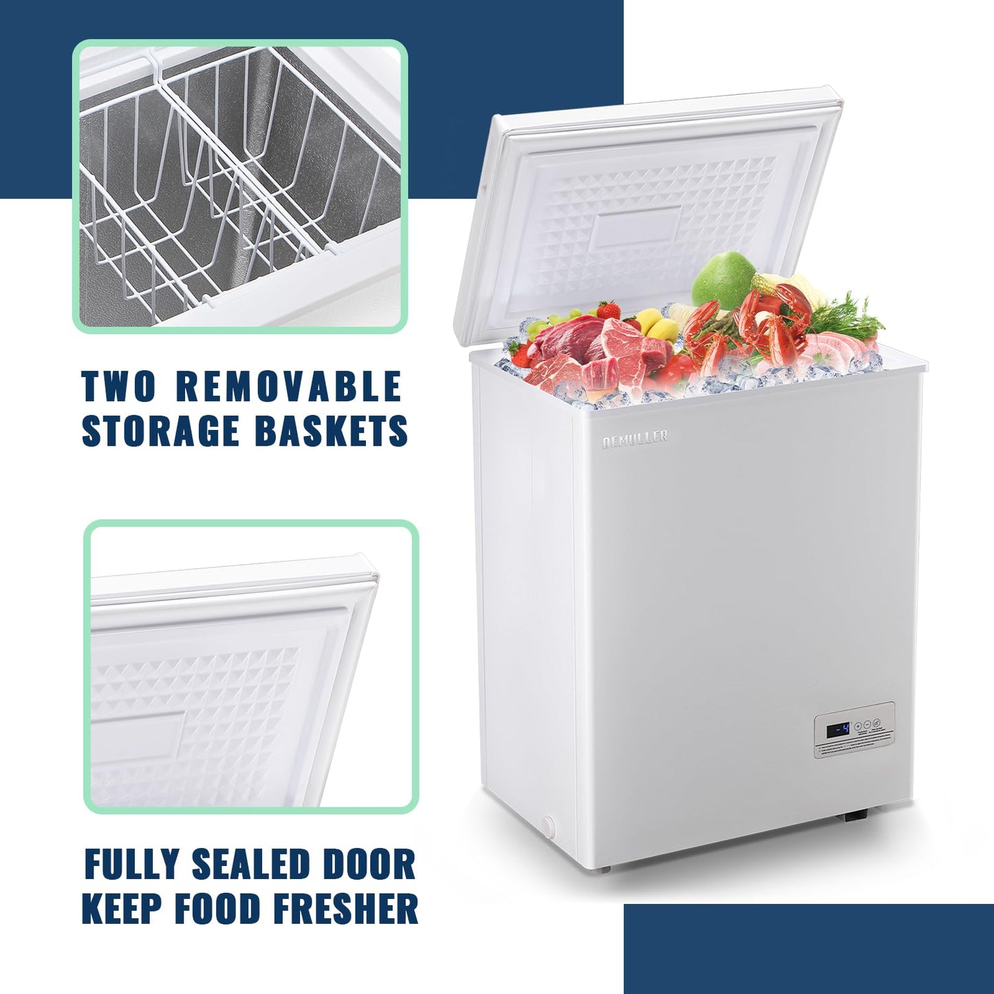 DEMULLER Chest Freezer with 2 Removable Baskets 3.5 Cu.ft Compact Freezers with Electronic Thermostat (50 ℉ to -12 ℉), Stay-Open Lid, Manual Defrost, Kitchen Office Apartment, White