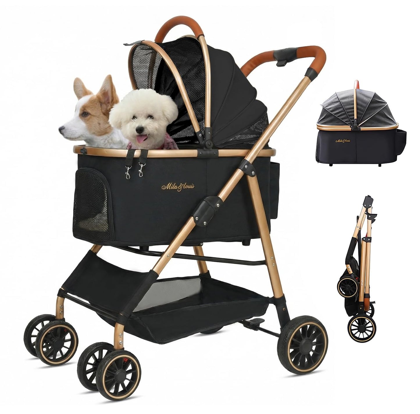 MILA&LOUIS Dog Stroller, 24" Pet Cradle, Lightweight & Stylish Pet Stroller for Small and Medium Pets, 33 Lbs Capacity with Cup Holder, Hook, Detachable Aluminum Cradle (Black)