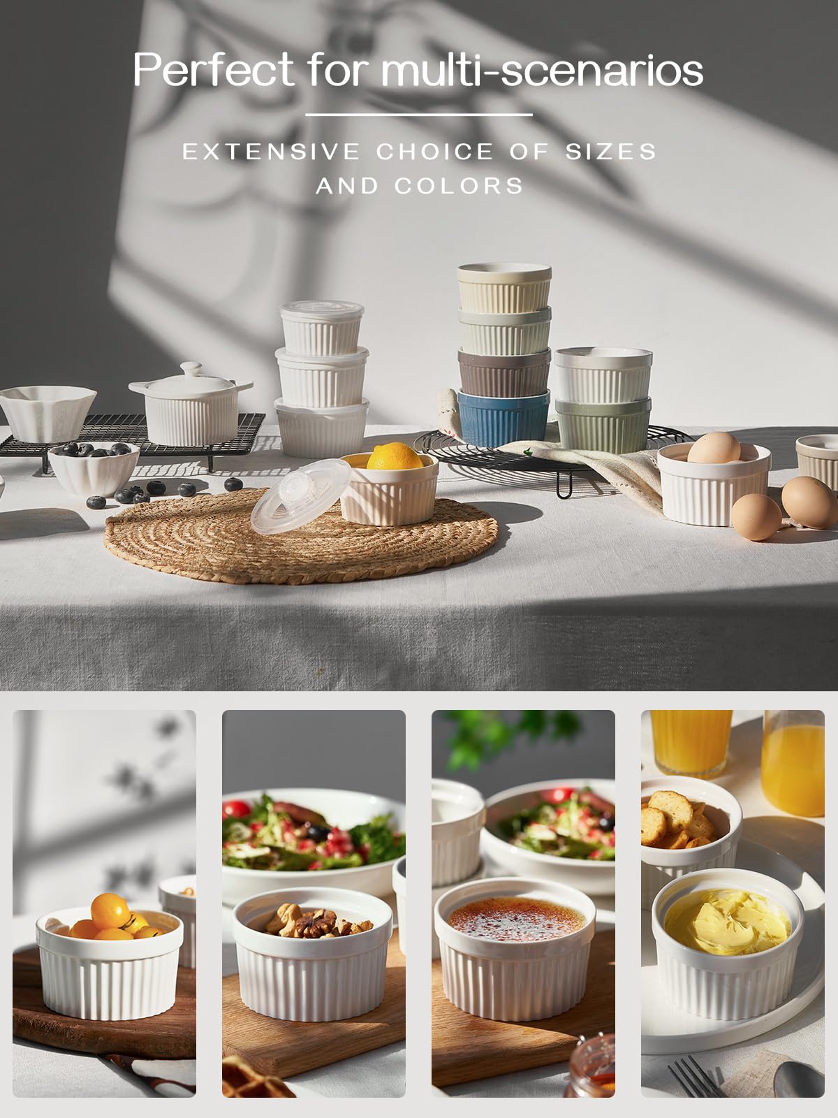 DOWAN Ramekins 10 oz Oven Safe for Creme Brulee, Porcelain Souffle Dishes, Ramekin for Baking, Small Dessert Bowls Dipping Sauce Cups, Set of 6, Soft White