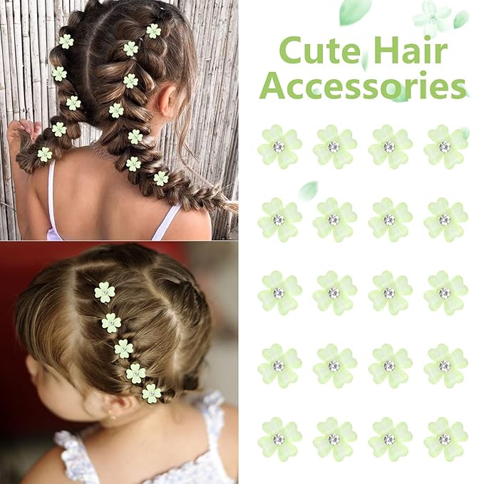 YISSION 20 Pcs Mini Green Flower Hair Clips with Rhinestone Cute Hair Pins Decorative Hair Clips Wedding Hair Barrettes Bridal Hair Accessories for Girls Women