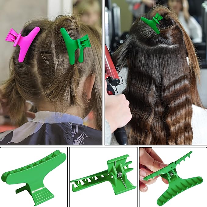Hair Clips for Styling Sectioning 12 Pack Green Hot Pink Butterfly Clamps Hair Claw Clips Pro Salon Hair Clips for Styling, Sectioning, Cutting and Coloring