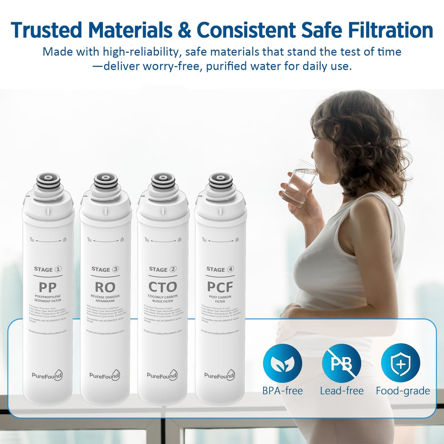 RO100ROPOT 4-Pack Water Filter Replacement Cartridge Set Compatible with Bluevua RO100ROPOT and RO100ROPOTUV Series Replacement Filter Cartridge, Pack of 4 Filters (1 PP, 1 CTO, 1 RO, 1 PCF)
